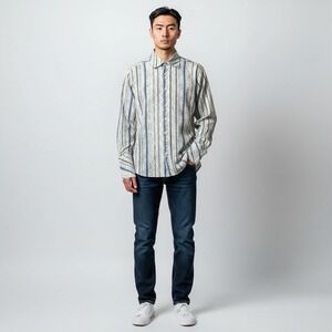 Ben Sherman Button Down Shirt M Blue Cream Striped Paisley Long Sleeve Cotton
